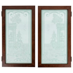 A Pair of Art Nouveau Style Etched Glass Windows 19th Century depicting swans.