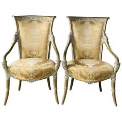 1950s French Louis XV Silk Armchairs Mahogany & Gilt