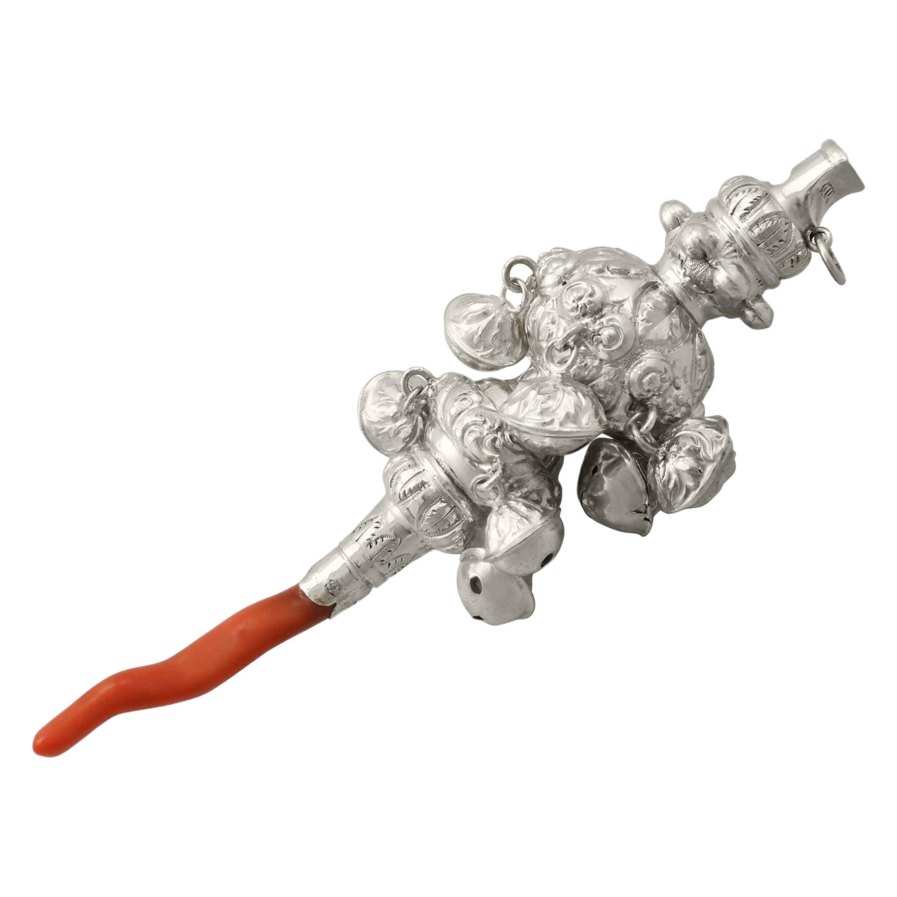 Viktorianische Kombination aus Whistle und Rattle aus Sterlingsilber und Korallen im Angebot