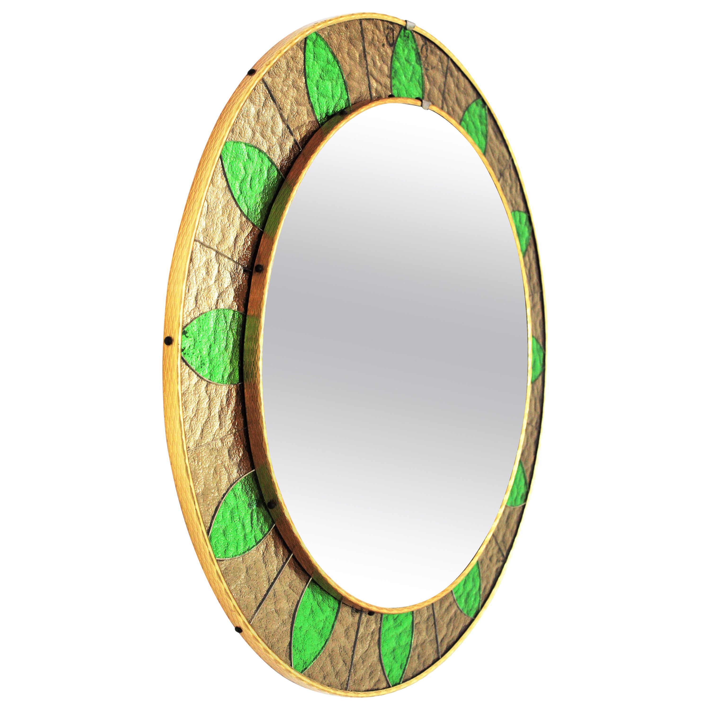 Round Wall Mirror with Sunburst Bronze Green Glass Mosaic Frame, 1960s For Sale