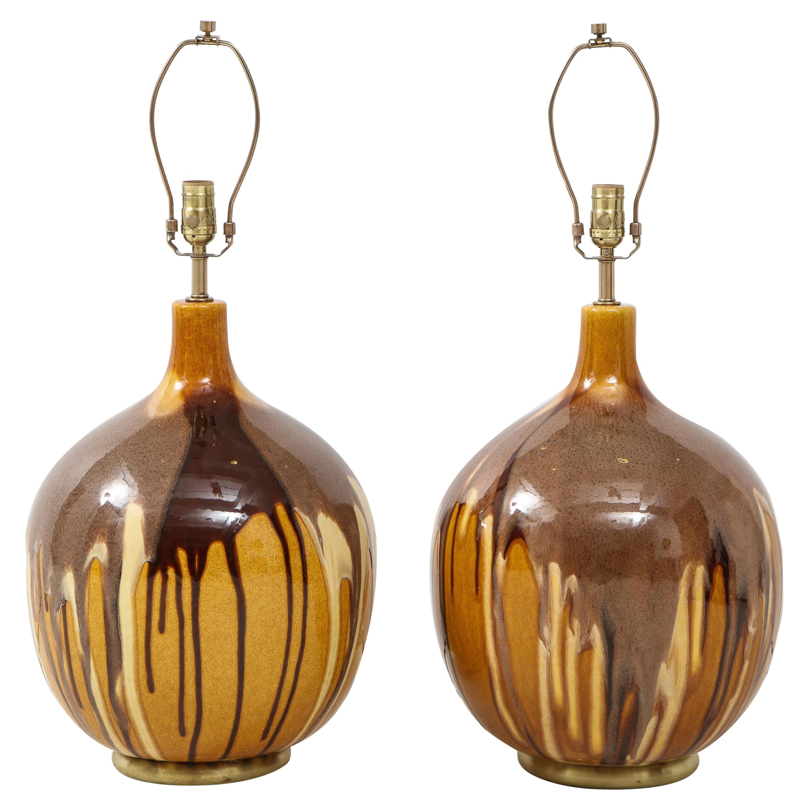 Pair of Italian Ochre Drip Glaze Lamps