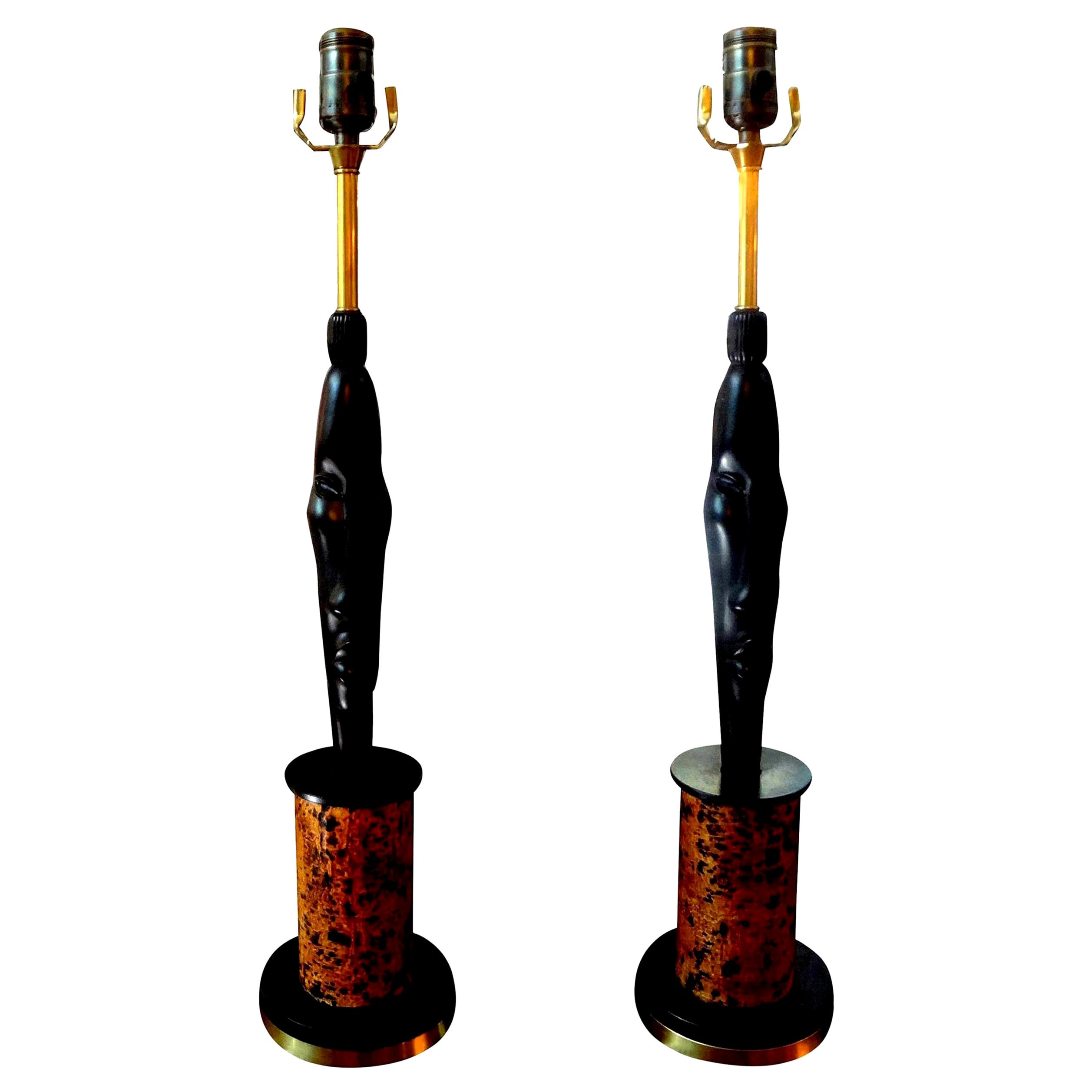 Pair of Midcentury African Inspired Modernist Lamps For Sale