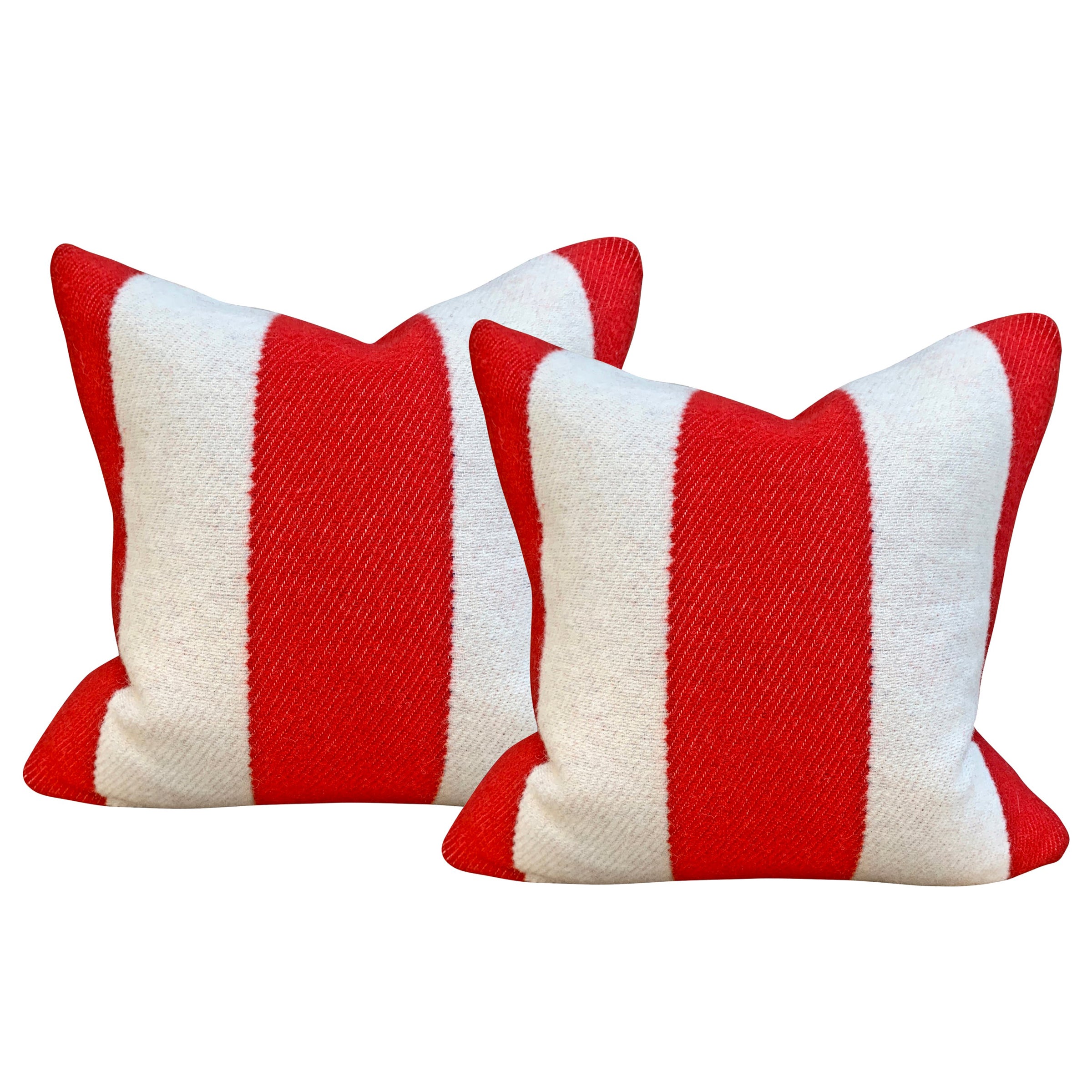 Pair of Custom Red and White Striped Wool Lumbar Pillows For Sale at 1stDibs