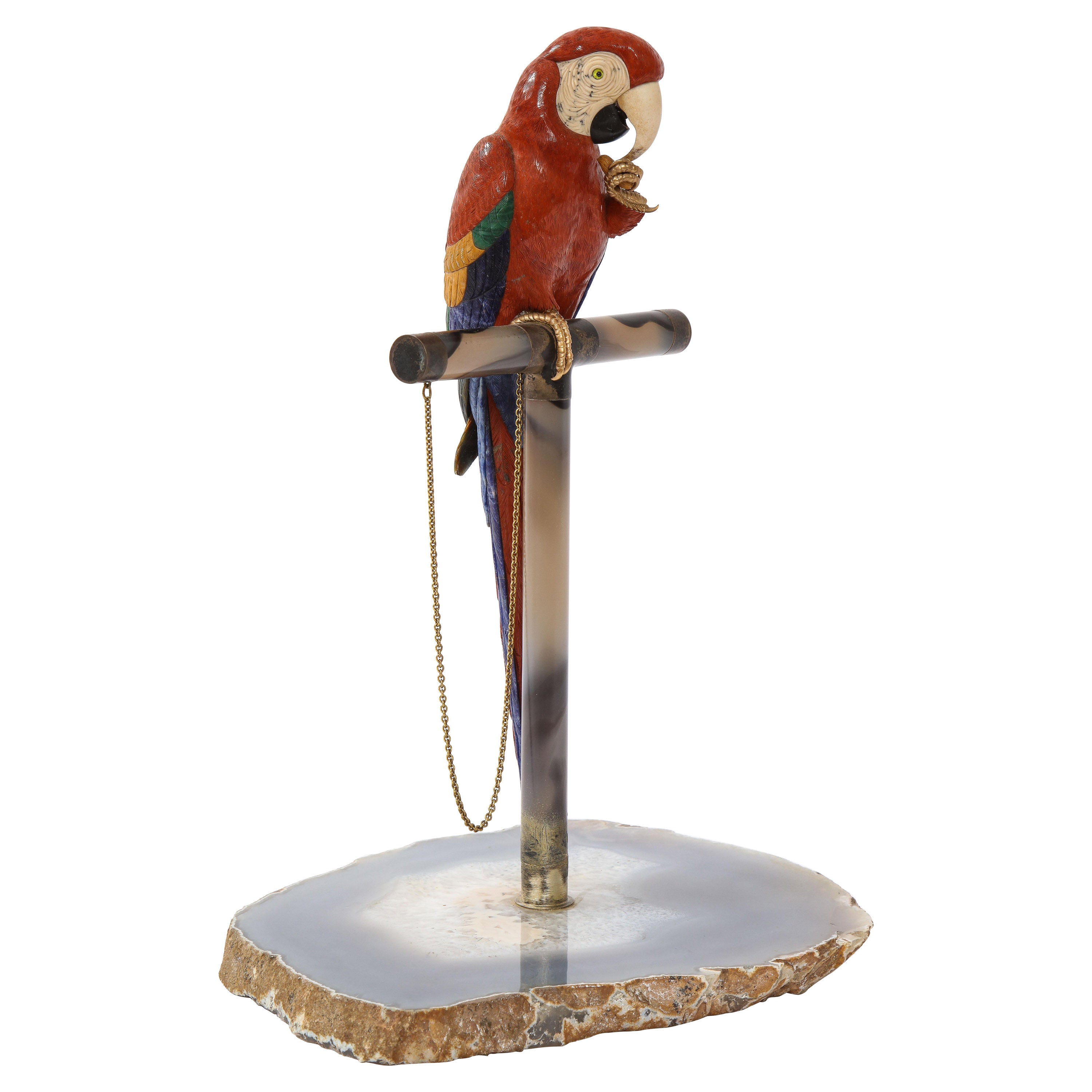 Semi Precious Stone & Metal Model of a Scarlet Macaw Parrot, P. Müller, Swiss