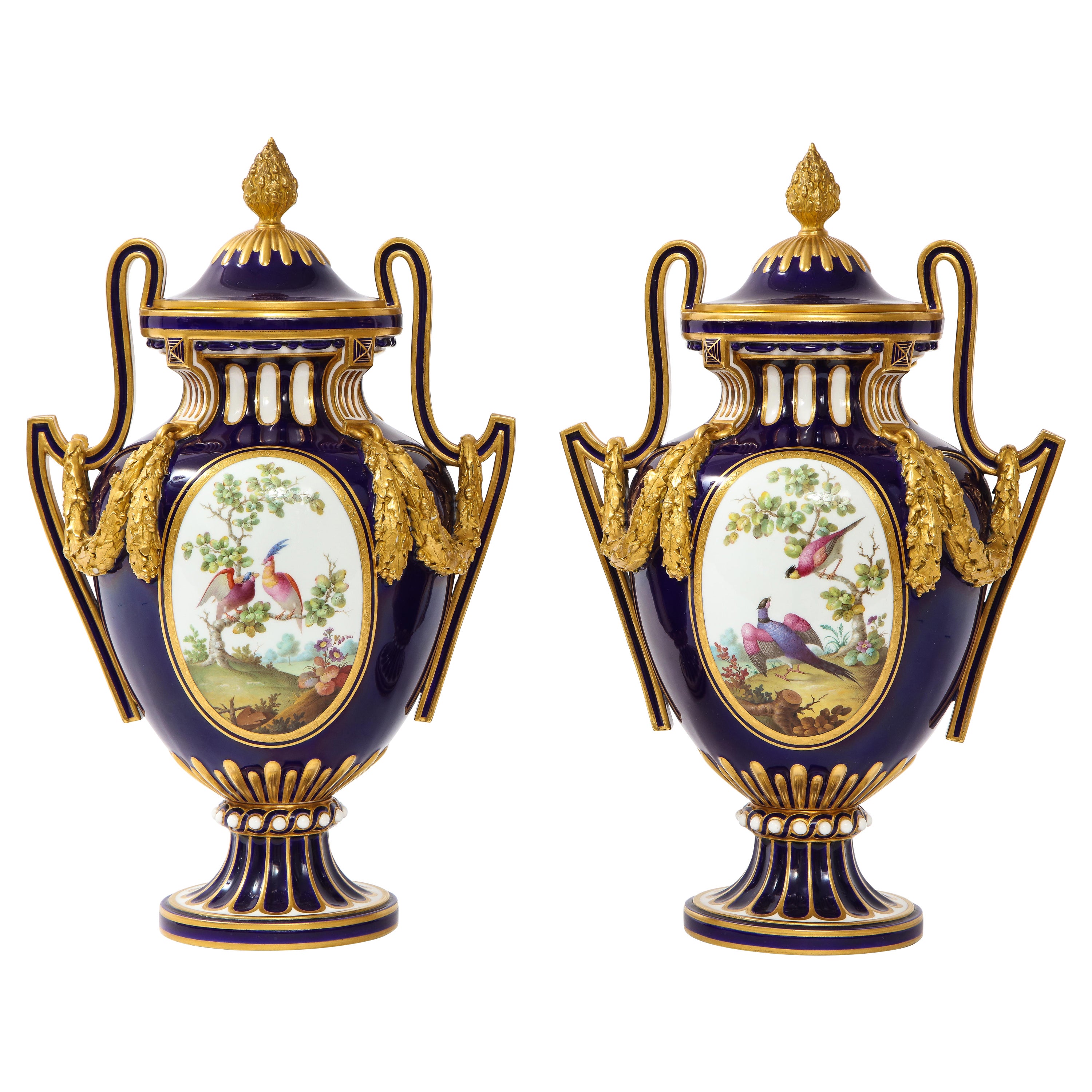 Pr. 19c Mintons Porcelain "Louis XVI Sevres Style" Blue Nouveau Ground Vases