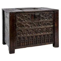 Rare 15th Century Solid Oak Medieval Dutch Gothic Chest or Trunk