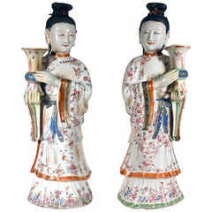 Antique 18th-century Chinese Export Porcelain Pair of Court Maiden Candlesticks