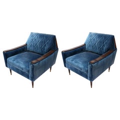 Pair of Custom 1960s Style Wood and Silk Velvet Armchairs by Adesso Imports
