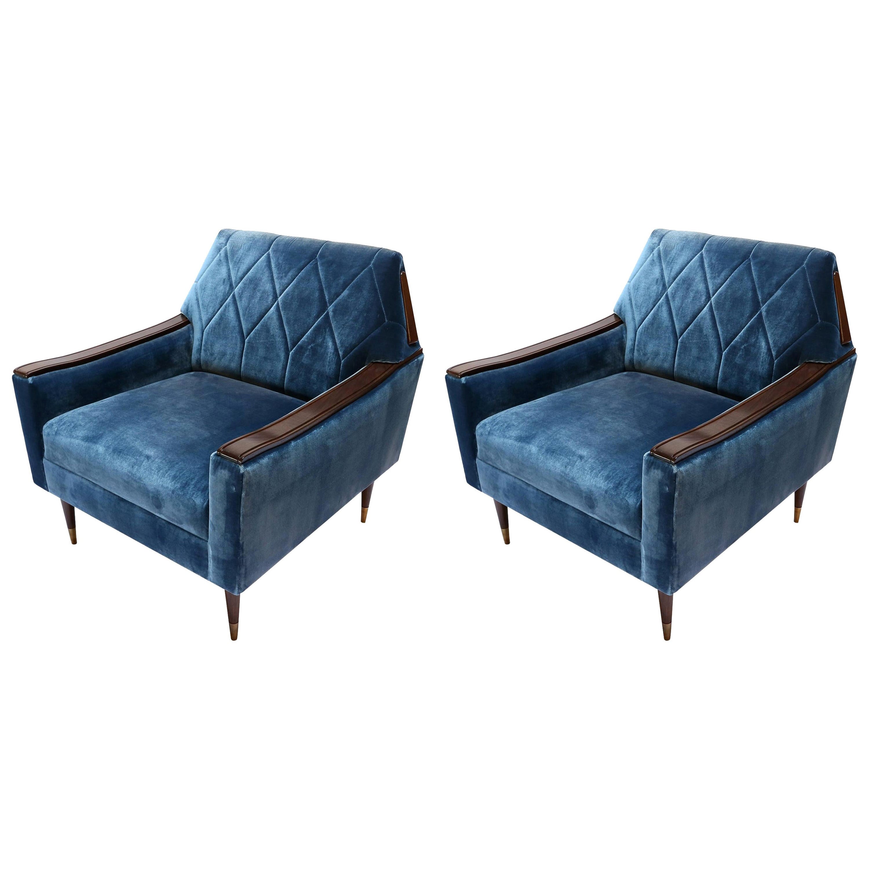Pair of Custom 1960s Style Wood and Silk Velvet Armchairs by Adesso Imports For Sale