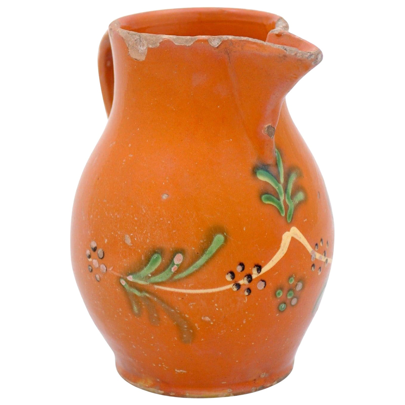 French 19th Century Redware Floral Pitcher with Orange, Cream and Green Glaze For Sale