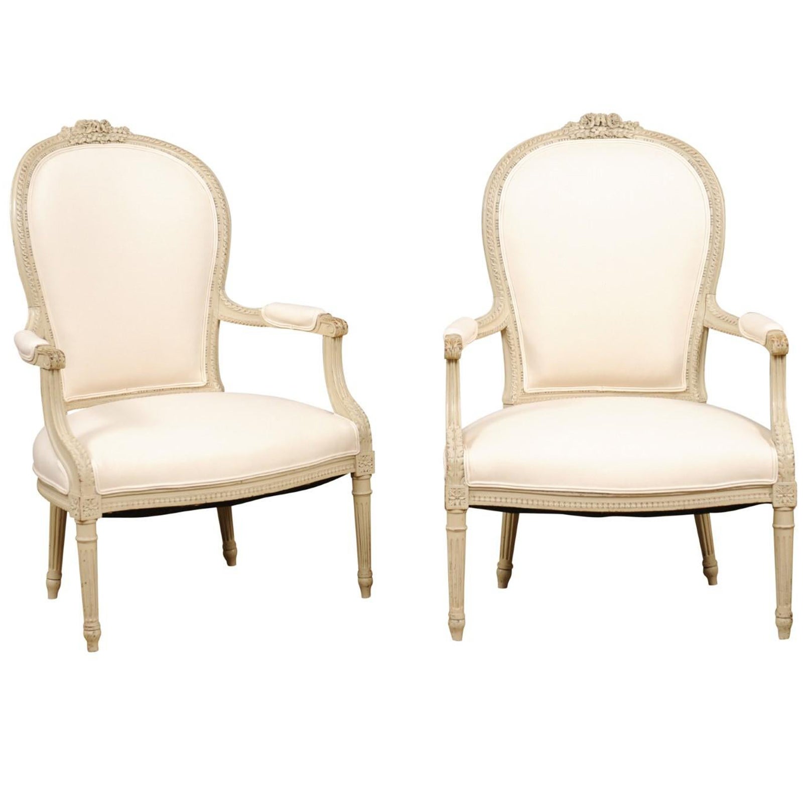 Pair of French Late 19th Century Louis XVI Style Armchairs with Carved Crest