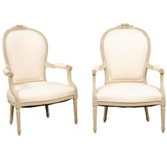 Antique Pair of French Late 19th Century Louis XVI Style Armchairs with Carved Crest