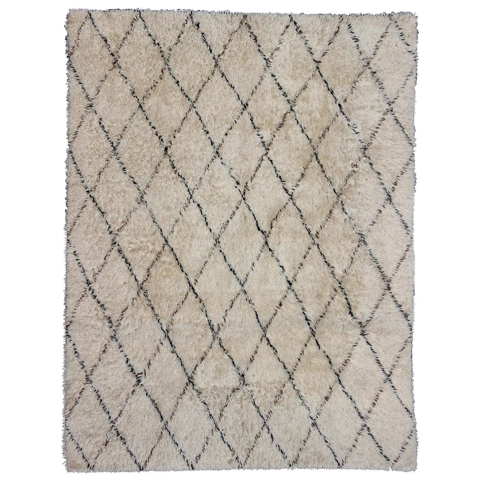 Large Vintage Moroccan Rug in Off White Background, Black & D. Brown lines For Sale