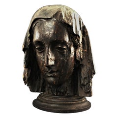 Head of Virgin in Carved Wood and Patinated Medieval Period 15th Century