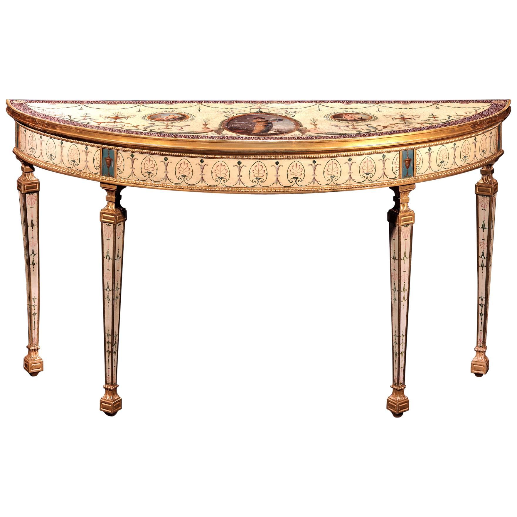 Important George III Painted and Partial Gilt Demilune Table For Sale