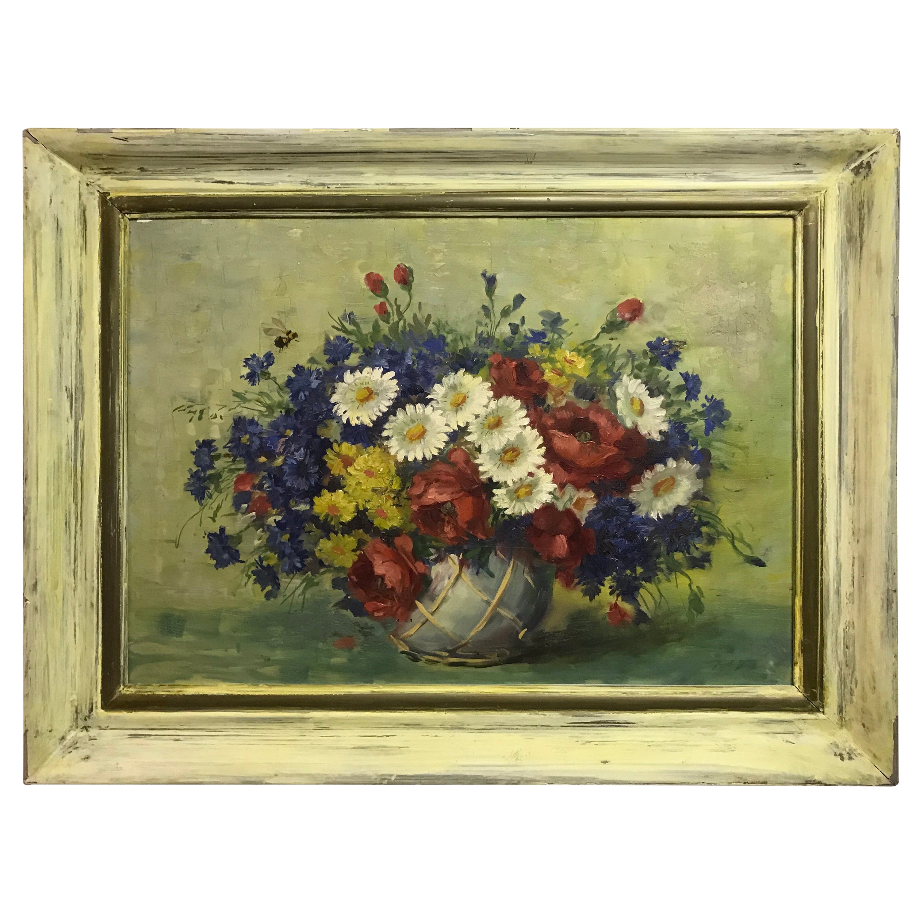 Beautiful Still Life Painting Flowers Colorful 20th Century Canvas
