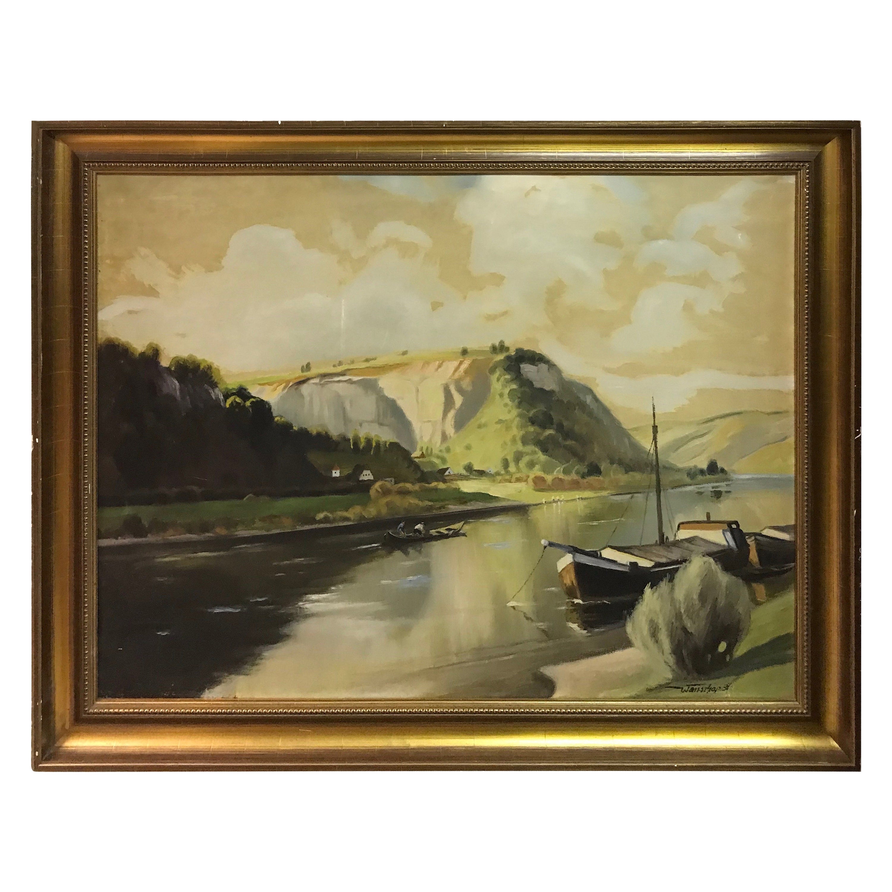 Gran cuadro al óleo Barco en el mar Vista de montaña, 1900