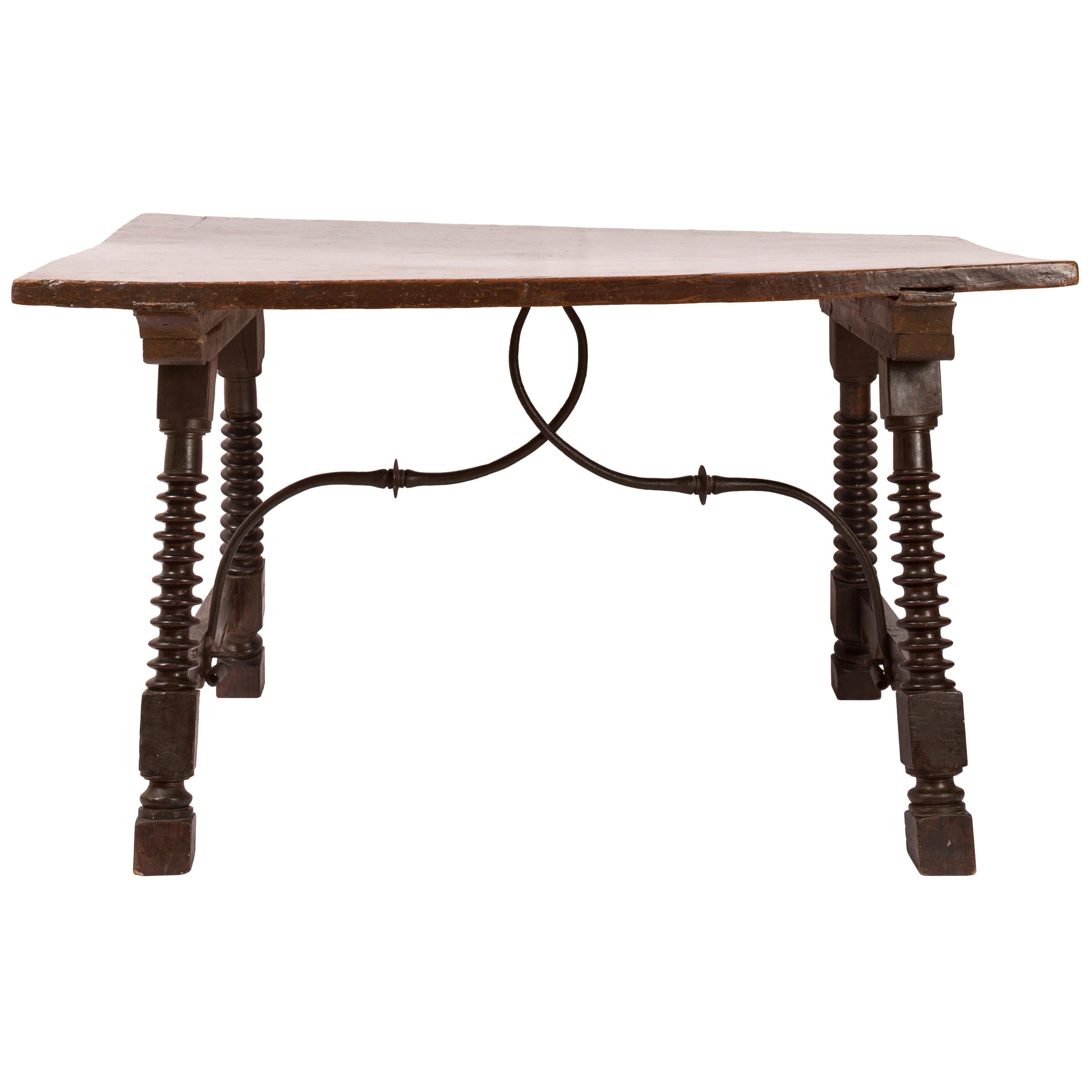 18th C. Spanish Trestle Style Writing Table, Spool Turned Legs and Wrought Iron