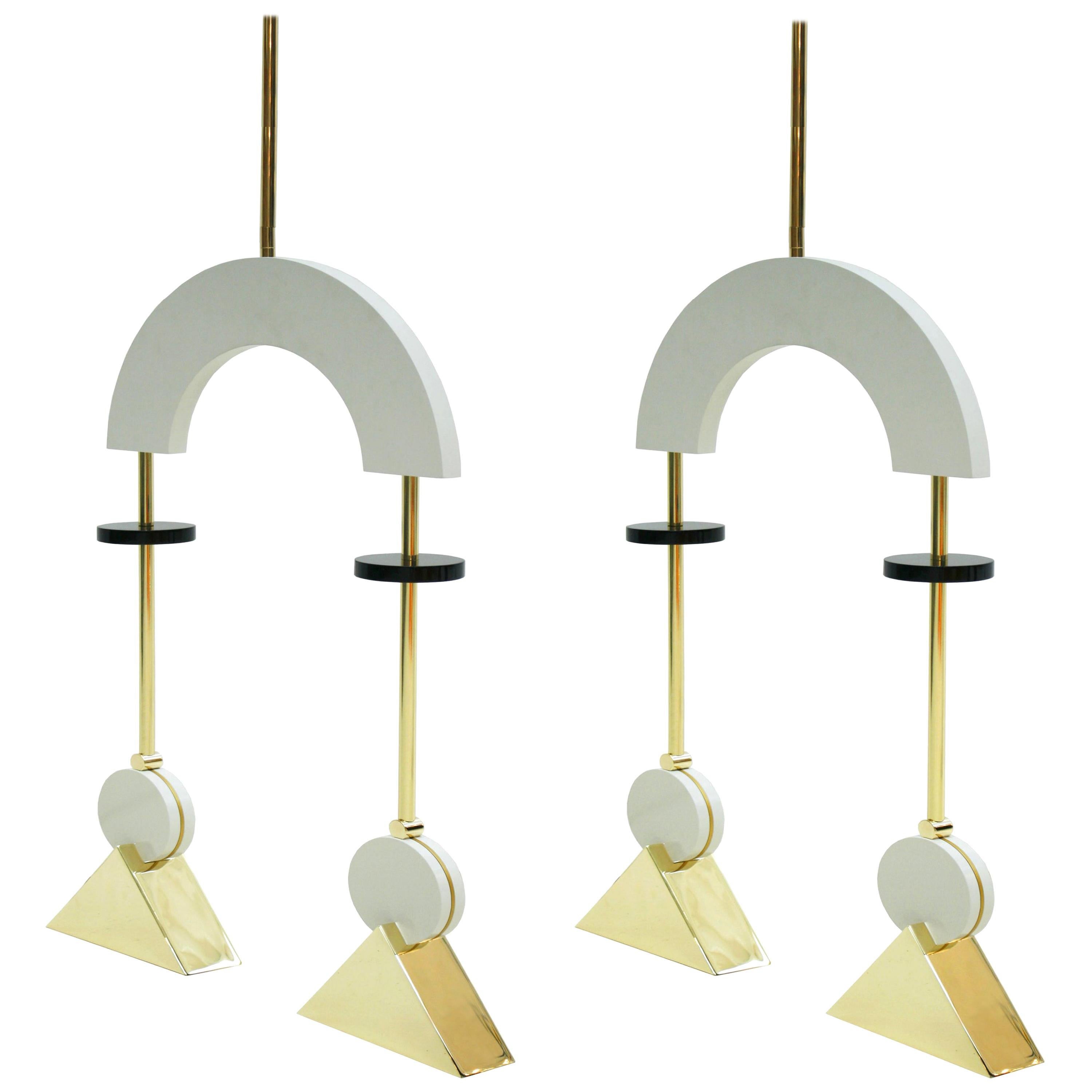 Mid-Century Modern Style Pair of White Lacquered Wood and Bronze Pendant Lamps For Sale