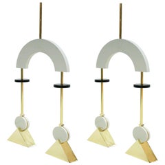 Mid-Century Modern Style Pair of White Lacquered Wood and Bronze Pendant Lamps