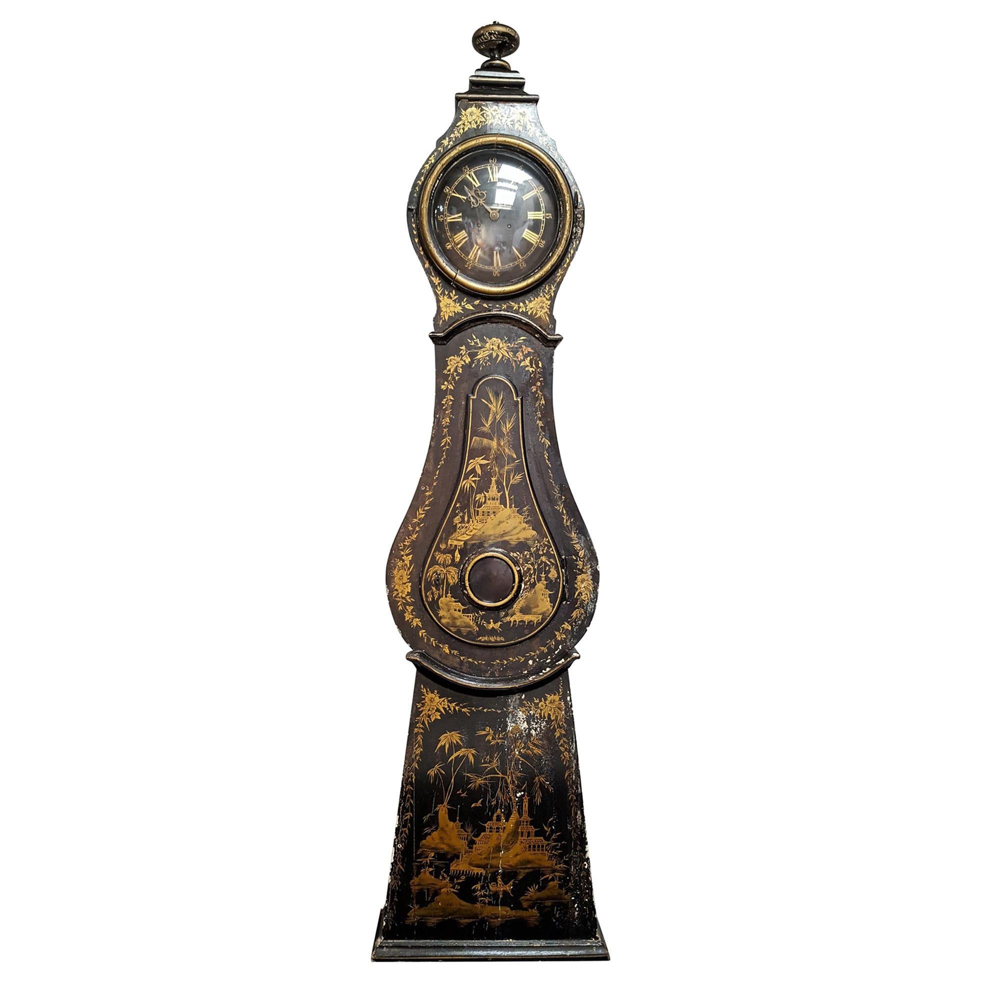 Antike schwedische Mora-Standuhr Schwarz-Gold Anfang 1800er Chinoiserie Original gestrichen