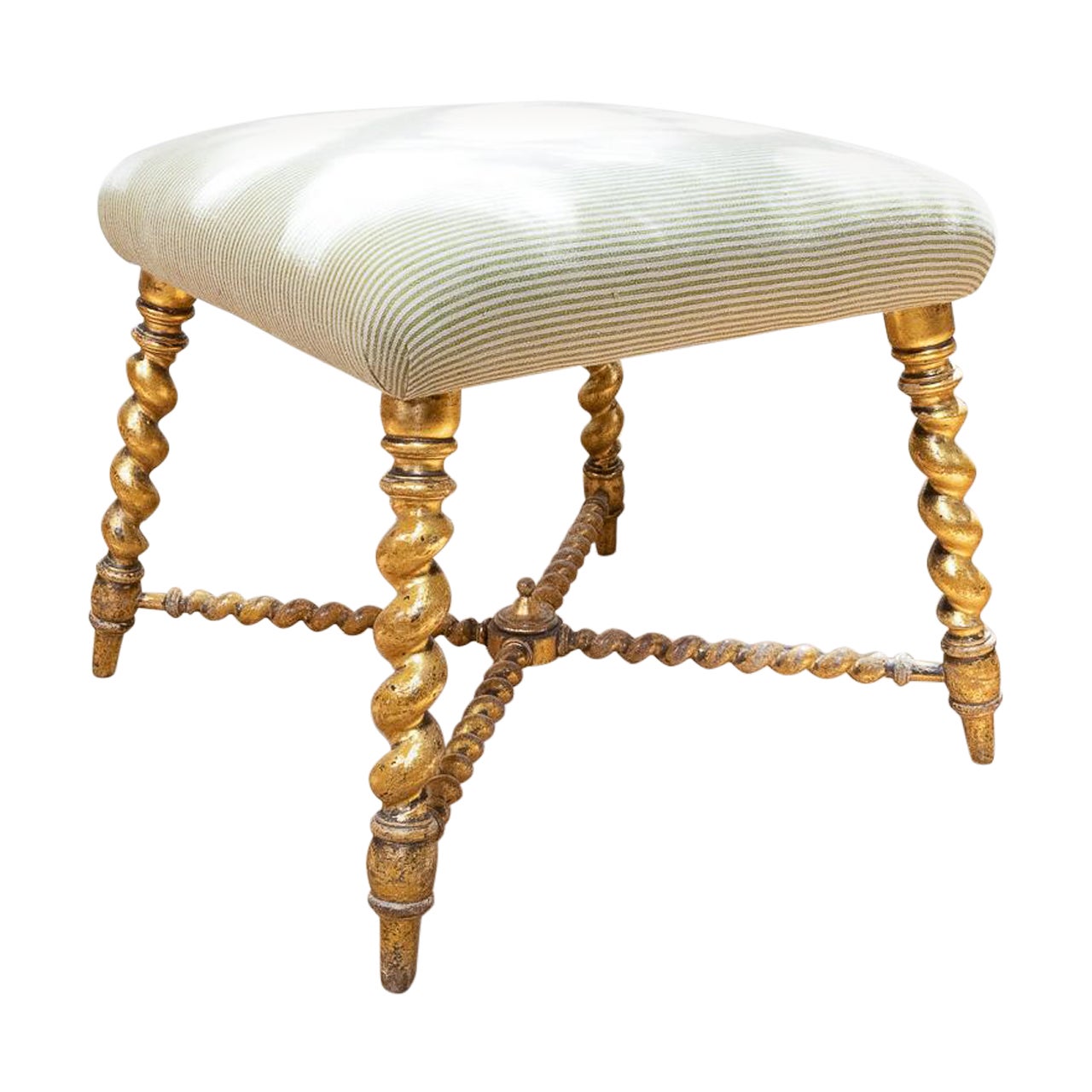 19th Century French Napoleon III Square Giltwood Barley Twist Footstool Ottoman For Sale