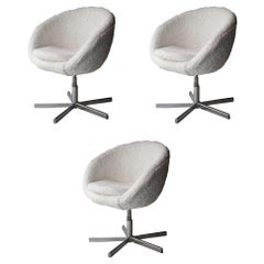 Mid-Century Modern Round White Faux Fur Italian Three Chairs Set, France, 1970