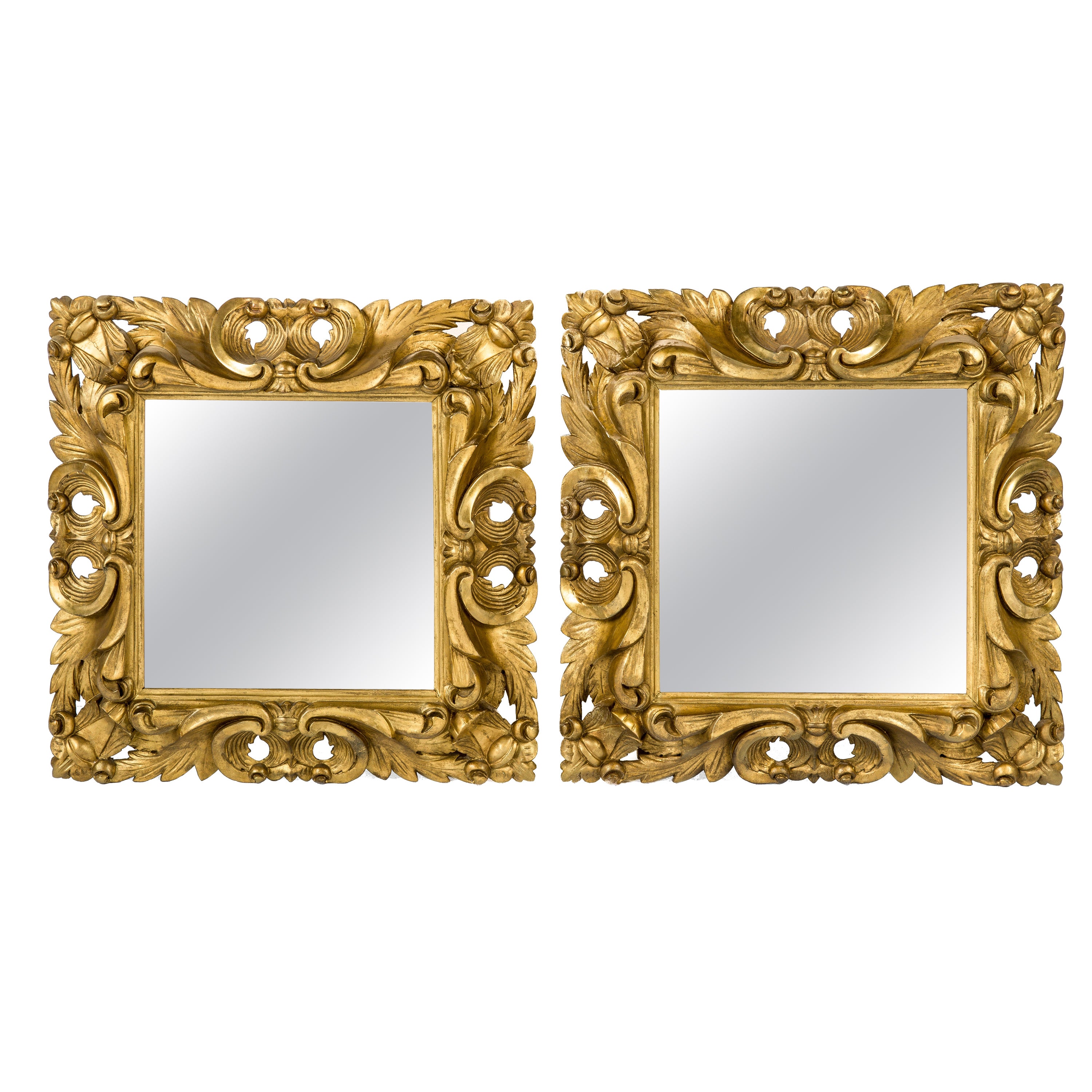 Pair of Antique Baroque Handcarved Square Italian Giltwood Mirror