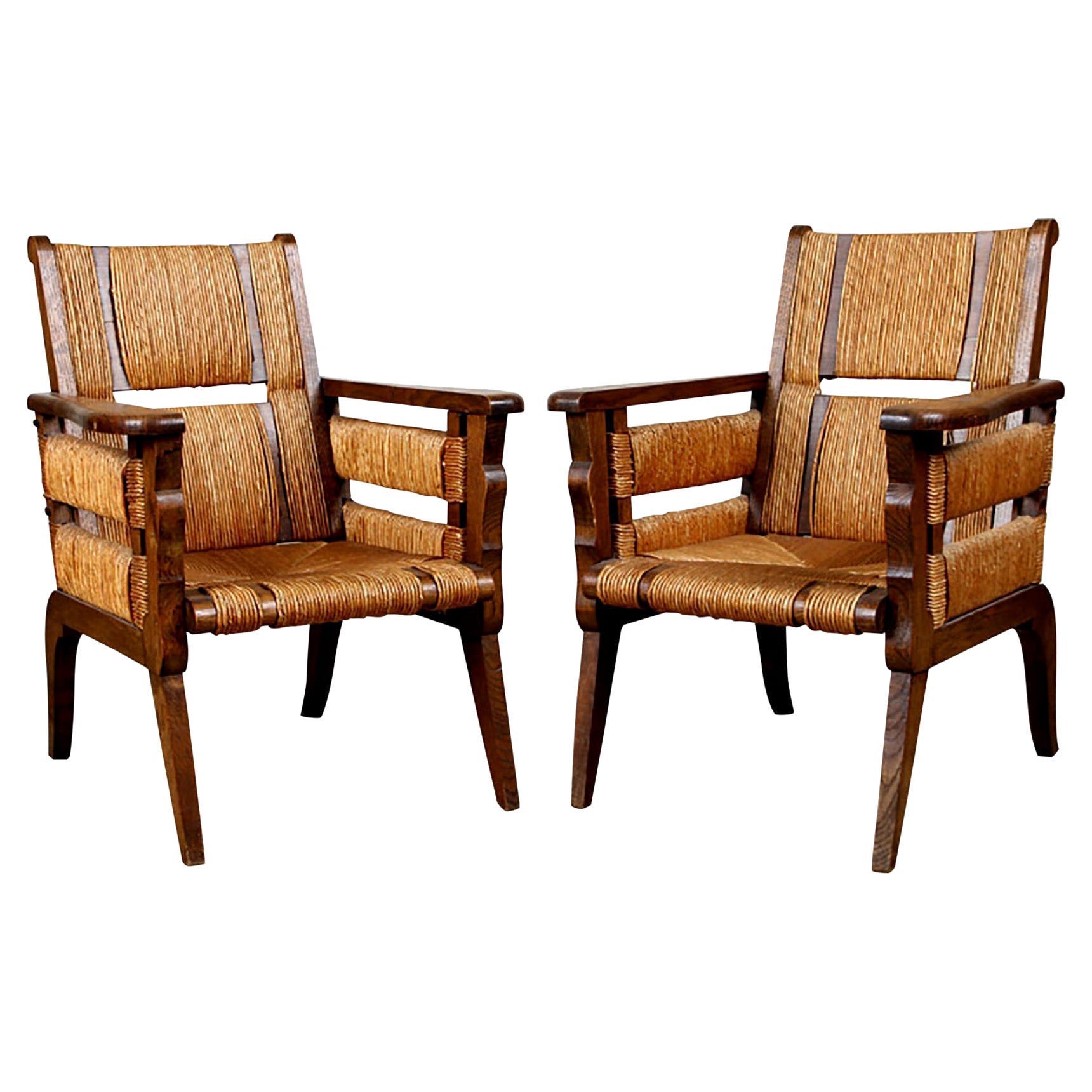 Custom Pair Hand-Rushed Oak Lounge Chairs For Sale