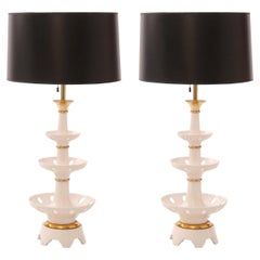 Lightolier by Gerald Thurston White Ceramic and Brass Table Lamps