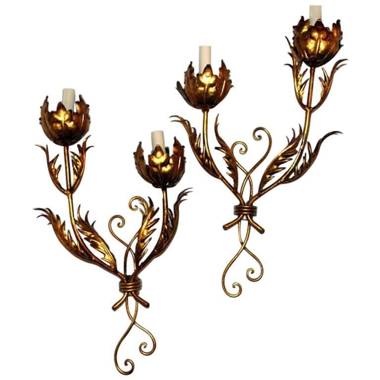 Gilt Metal Double-Light Sconces