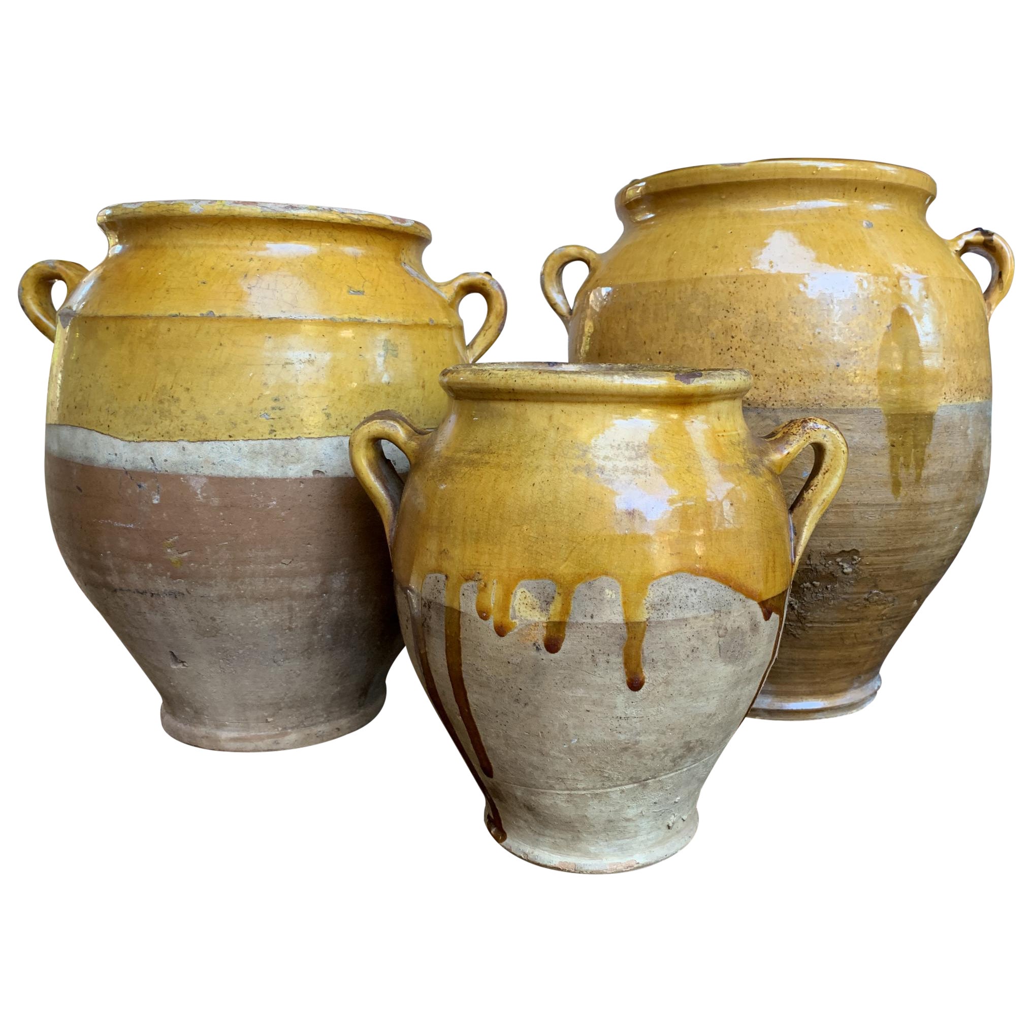Set of 2 Antique French Confit Pot Yellow Glazed Pottery Provence, 19th