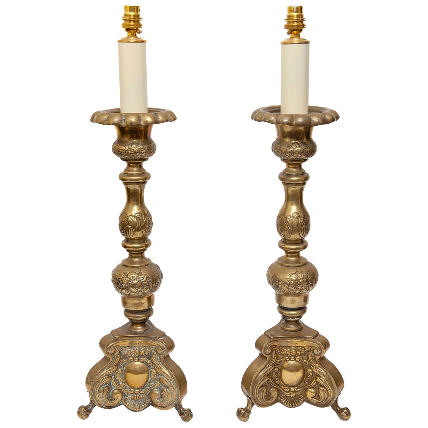 Lamps Pair Candlesticks Brass Repousee Chased 19th Century Antiquarian Baroque For Sale