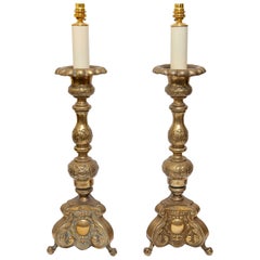Lamps Pair Candlesticks Brass Repousee Chased 19th Century Antiquarian Baroque