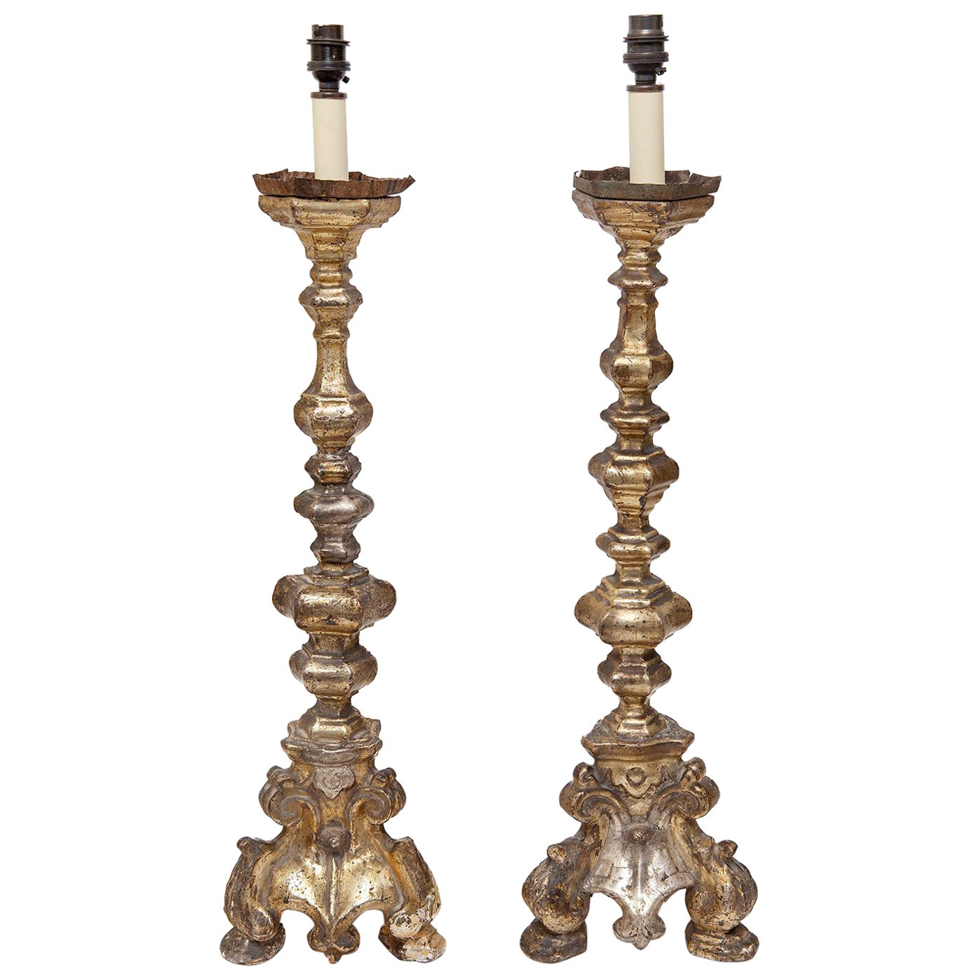 Lamps Table Pair Candlesticks Silver Gilt 17th Century Baroque Italian 29" high