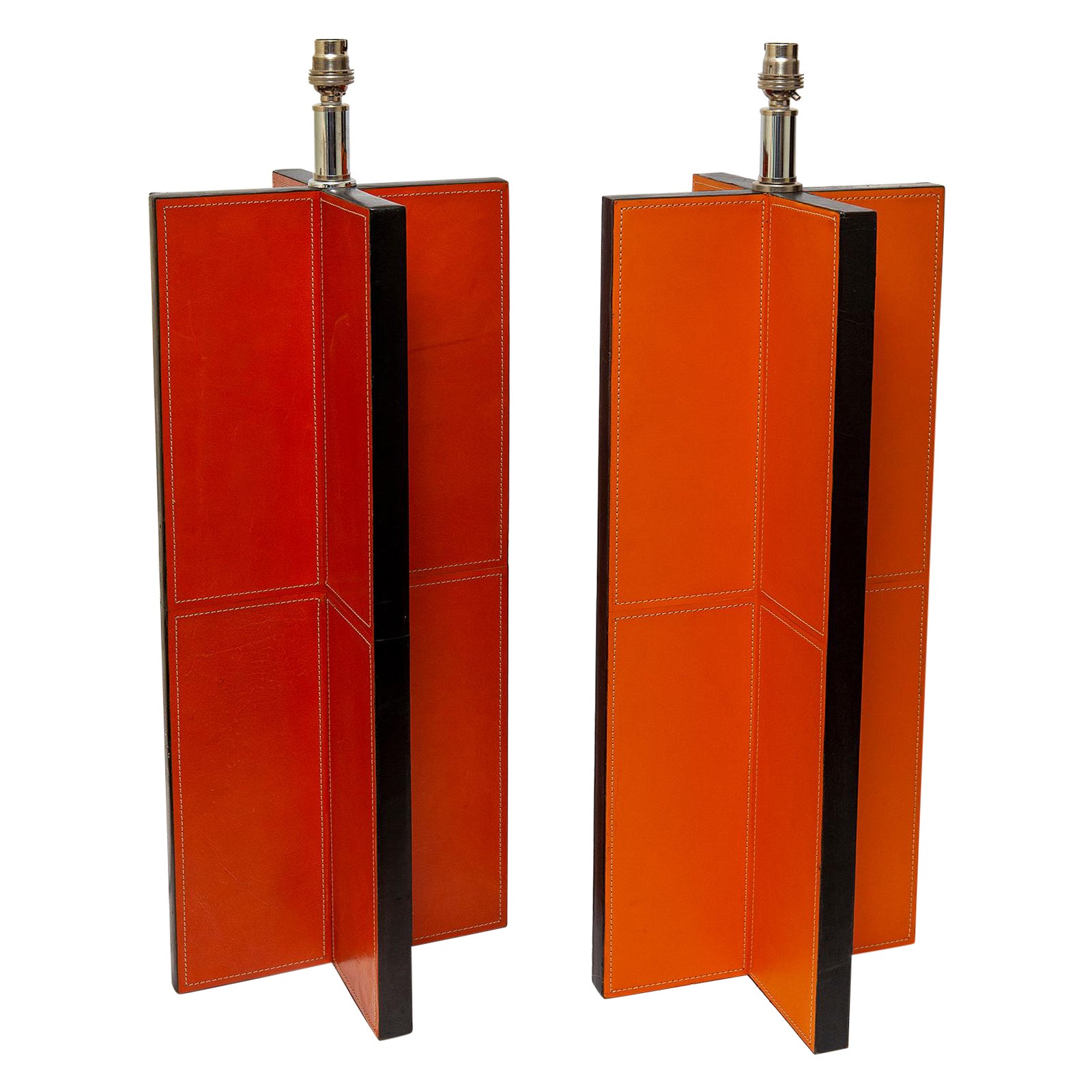 lamps pair vintage leather orange jean michel frank croisillon inspired H28"