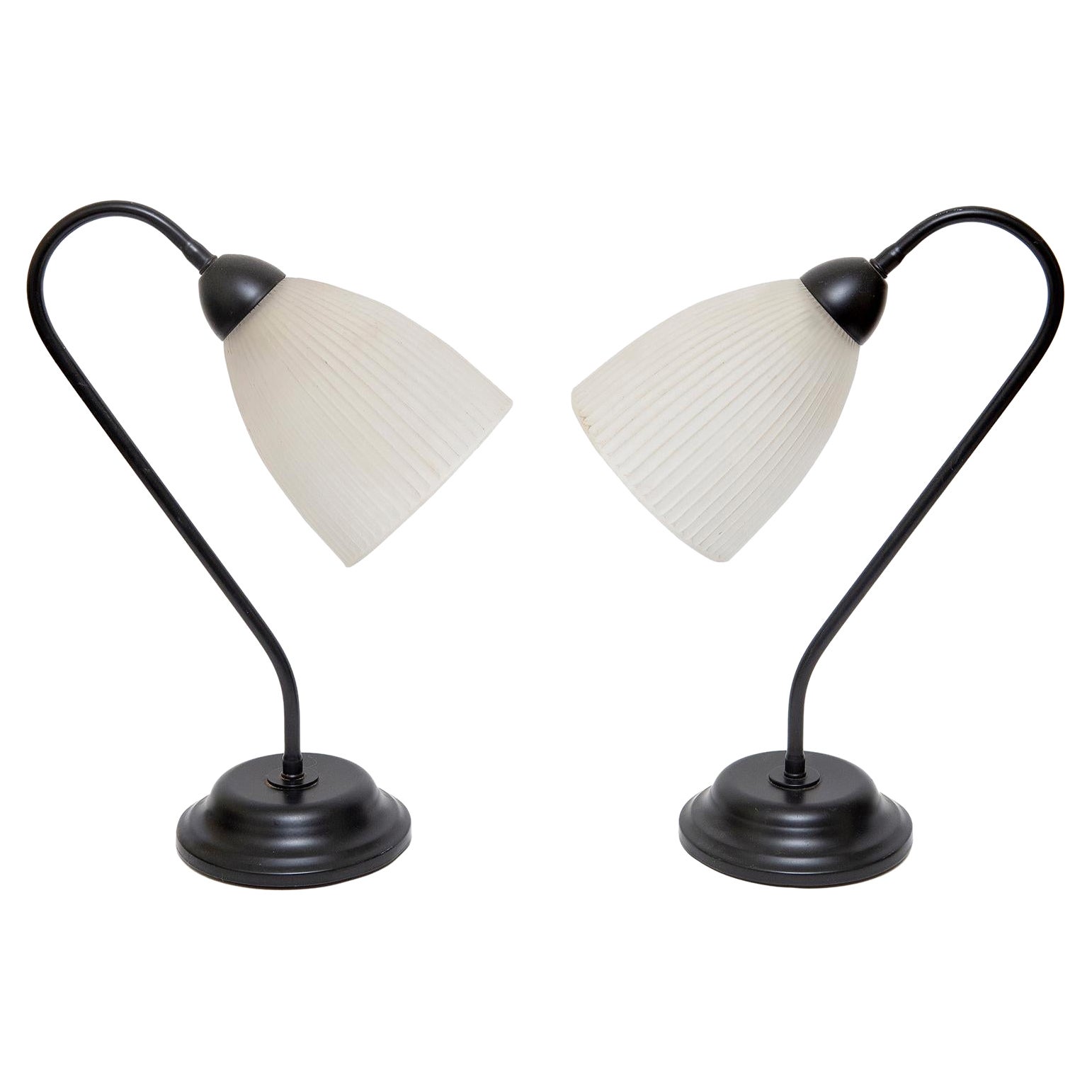 Lamps Table Pair Task Gooseneck Vintage Black Metal White Glass Shade For Sale