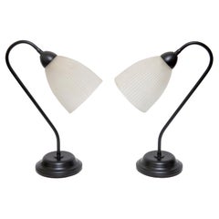 Lampen-Tisch Paar Quasten Schwanenhals Vintage Schwarz Metall Weiß Glas Schirm