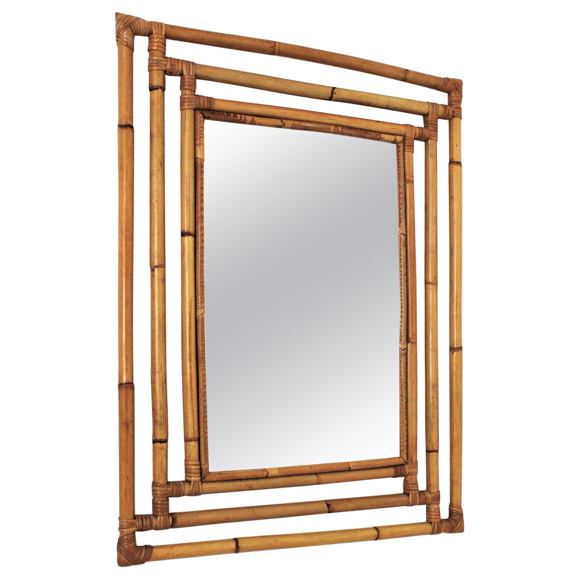 Large rectangular beveled grid mirror in white gold at 1stDibs
