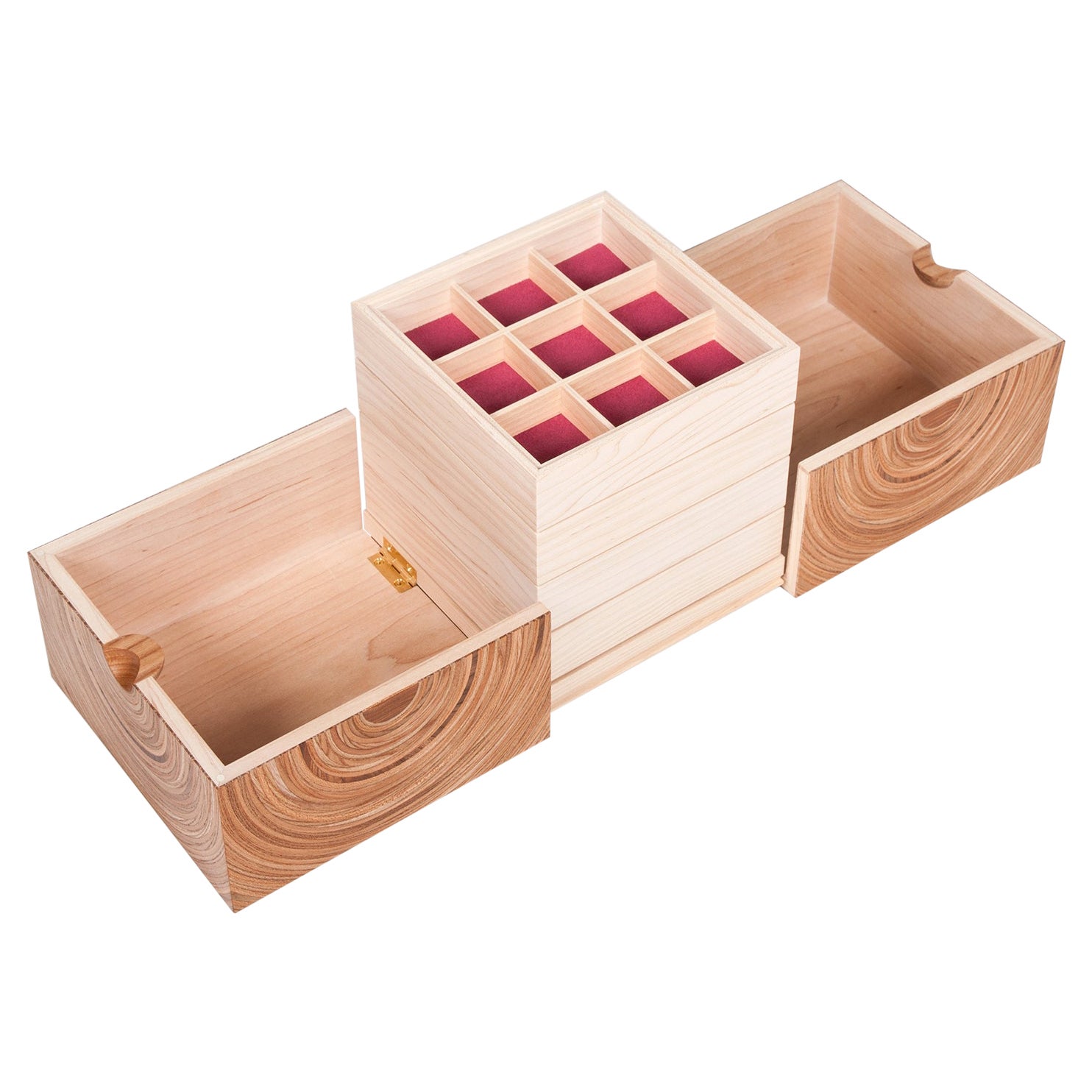 Contemporary Cubed Jewellery Box made in Elm and Maple with Magenta Fabric For Sale