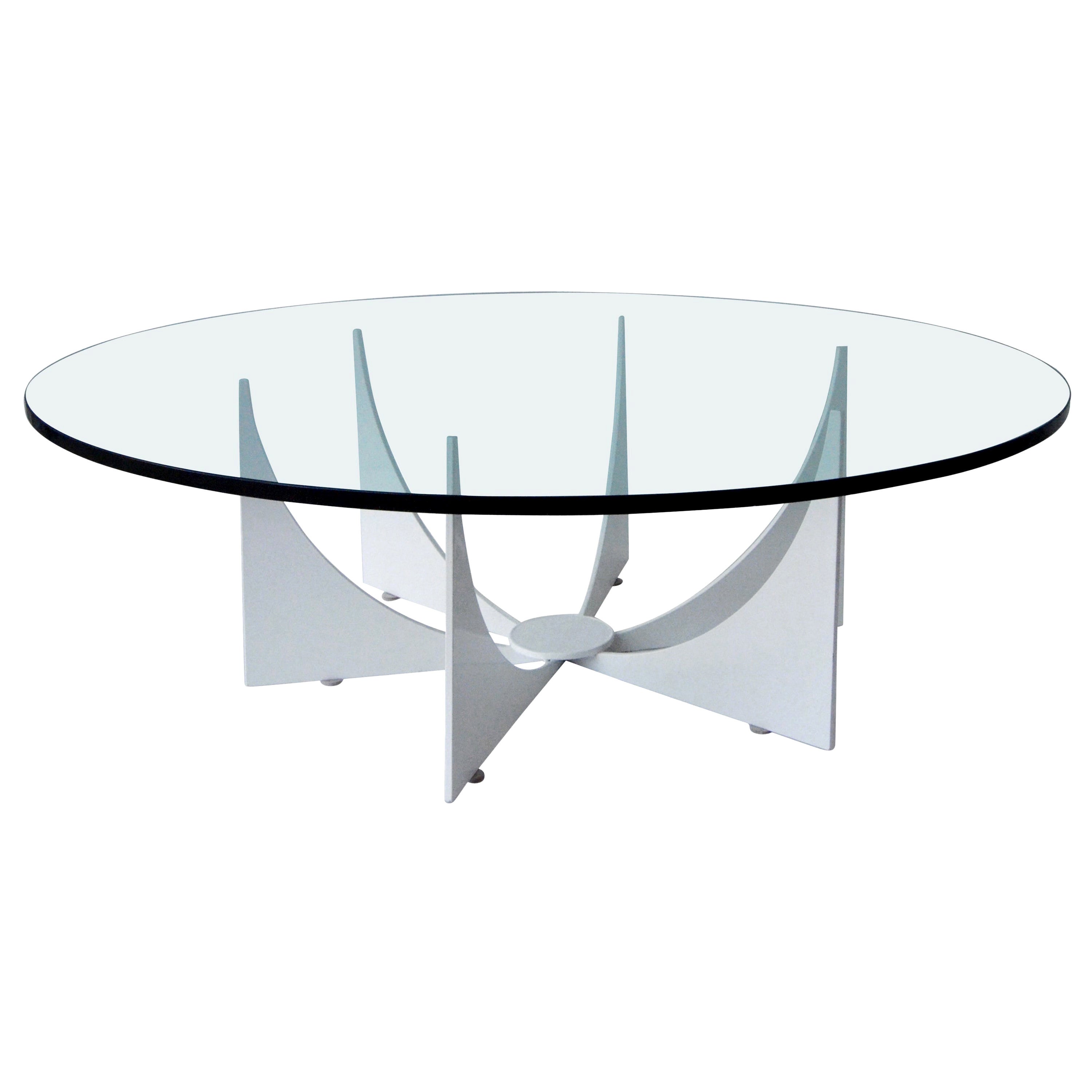 D. Drumm Style Round Glass Top Powder-Coated White Base Coffee or Cocktail Table For Sale