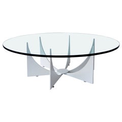 D. Drumm Style Round Glass Top Powder-Coated White Base Coffee or Cocktail Table