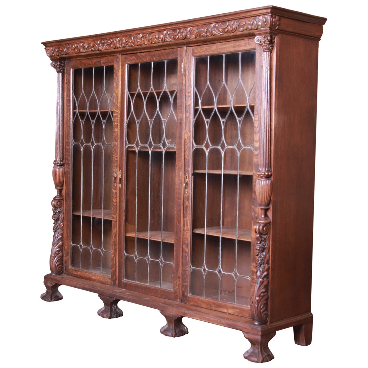 English Carved Oak Bookcase Green Leaded Glass Jacobean Style, 20th