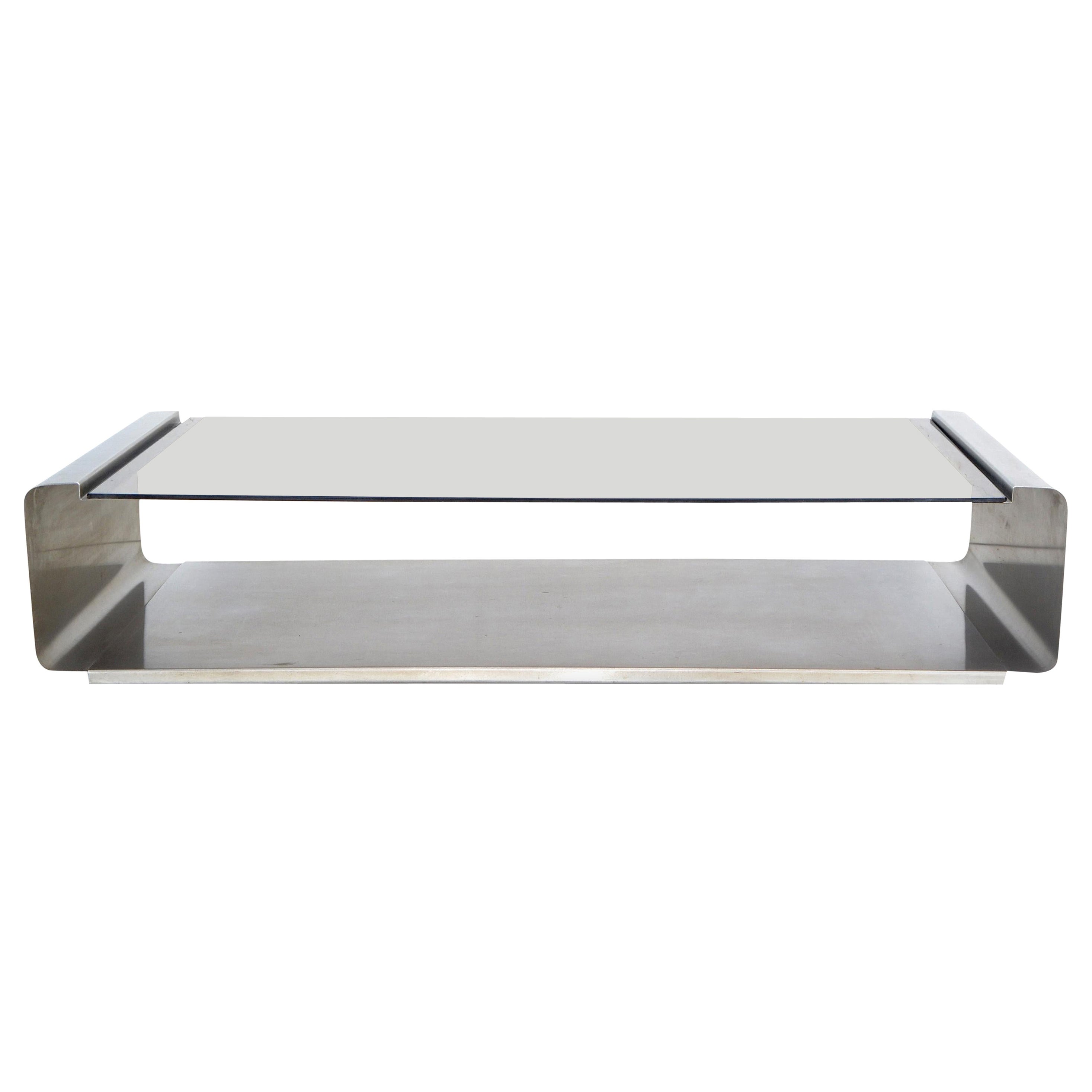 Francois Monnet Mid-Century Modern Coffee Table Smoked Glass and Brushed Steel