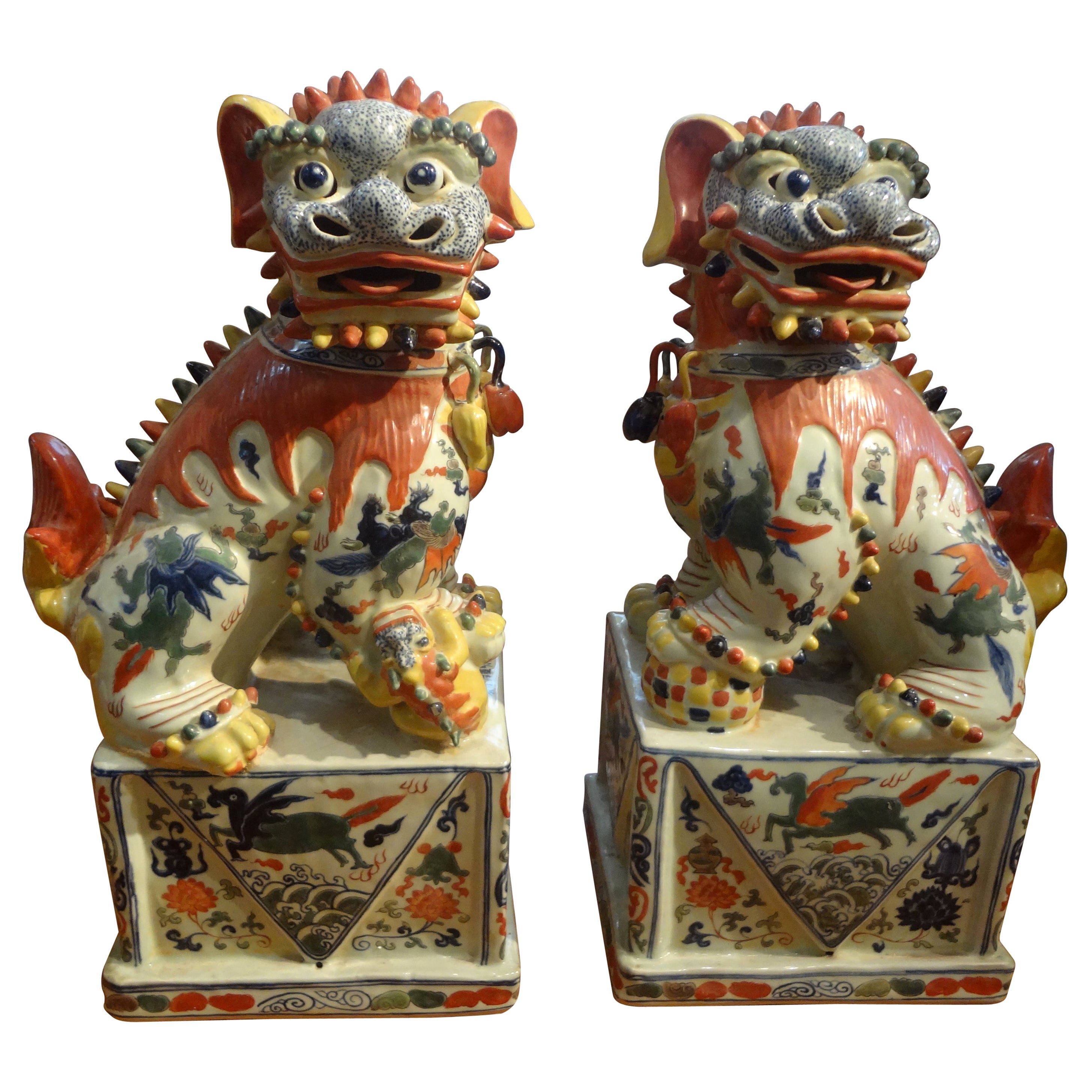 Pair of Large Midcentury Chinese Ceramic Foo Dogs For Sale at 1stDibs