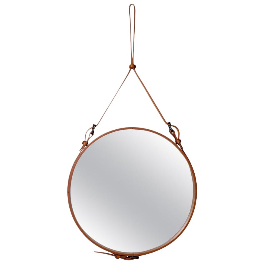 Jacques Adnet Medium 'Circulaire' Mirror in Tan Leather for GUBI For Sale