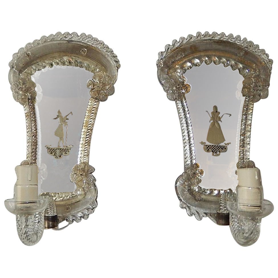 Venetian Etched Woman and Man Murano Glass Mirror Sconces, circa 1920 For Sale