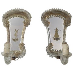 Antique Venetian Etched Woman and Man Murano Glass Mirror Sconces, circa 1920