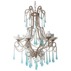 Antique French Aqua Blue Murano Drops Beaded Chandelier