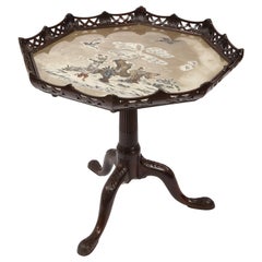 English 19th C. Octagonal Tilt-Top Table w/ Chinoiseries Reverse on Glass Top